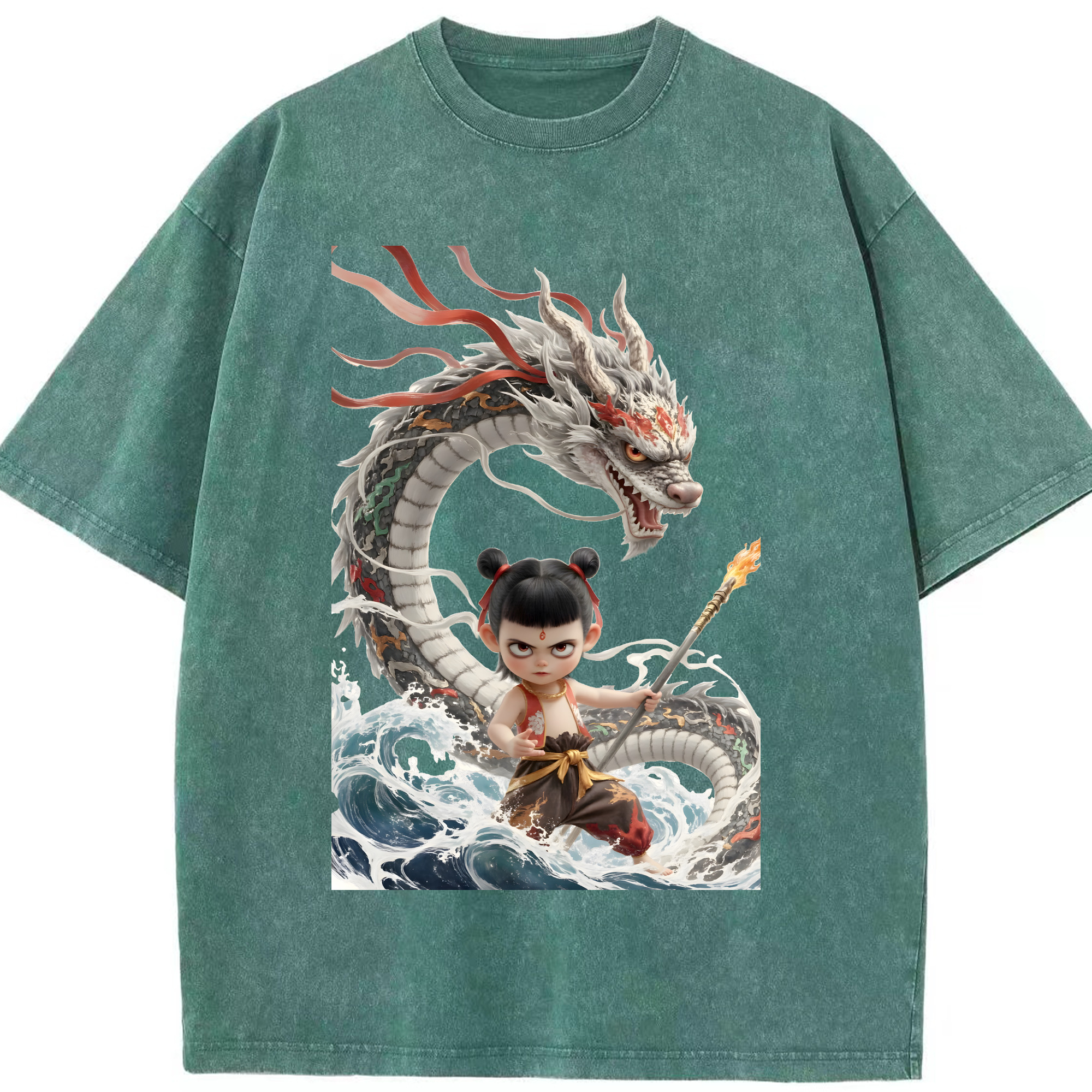 （画像用） Ne Zha 2 ナタ 魔童の大暴れ 綿100% ヴィンテージ風 半袖Tシャツ（フロントプリント）